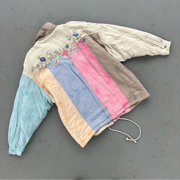 80s 90s pastel tie dye watercolor color block quilted jacket floral embroidery - Picture 3 of 7